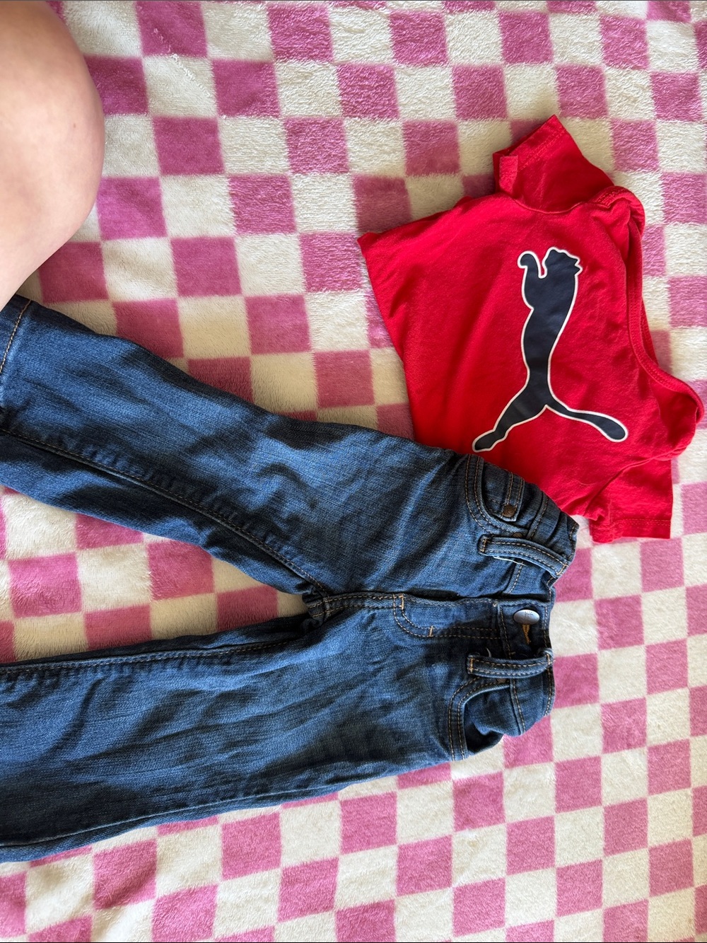 Puma Red Tee with Navy Logo and wrangler Blue Jeans